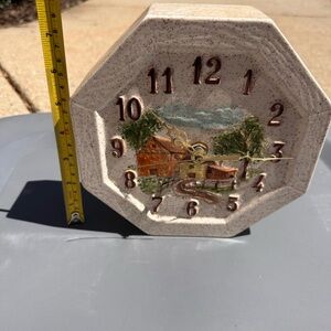 Vintage Speckled Ceramic Octagon Wall Clock in Cream with Village Scene